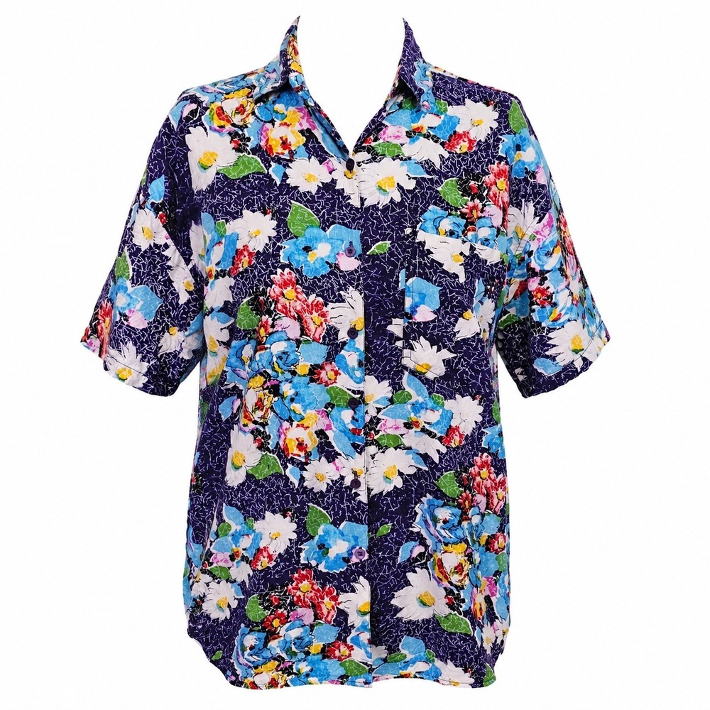 Monalisa Blue Floral Rayon Button Front Blouse Womens L Vintage 90s Korea